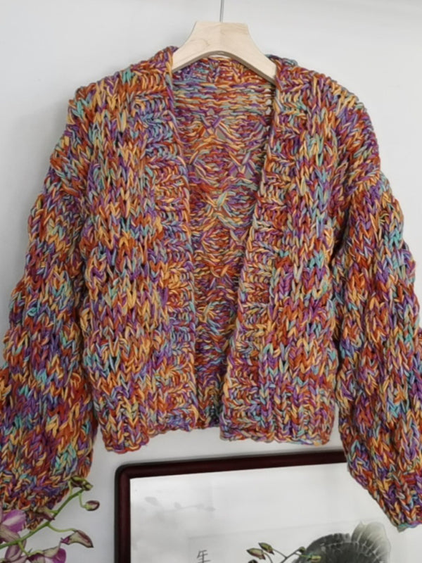 Stylish Casual Rainbow Knit Lantern Sleeve Knit Cardigan kakaclo