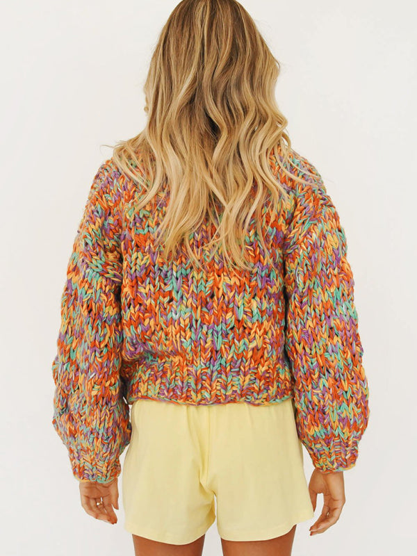 Stylish Casual Rainbow Knit Lantern Sleeve Knit Cardigan kakaclo