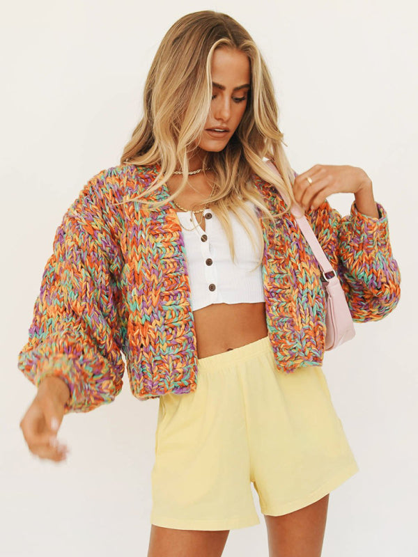 Stylish Casual Rainbow Knit Lantern Sleeve Knit Cardigan kakaclo