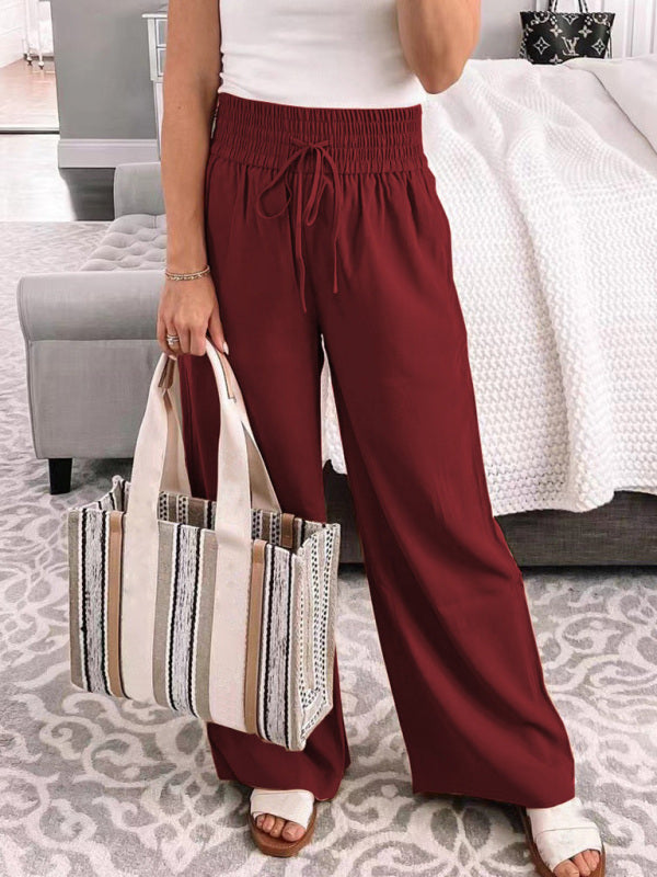 Blue Zone Planet | Loose Home Trousers Mid-Waist Solid Color Lace-Up Wide-Leg Pants BLUE ZONE PLANET
