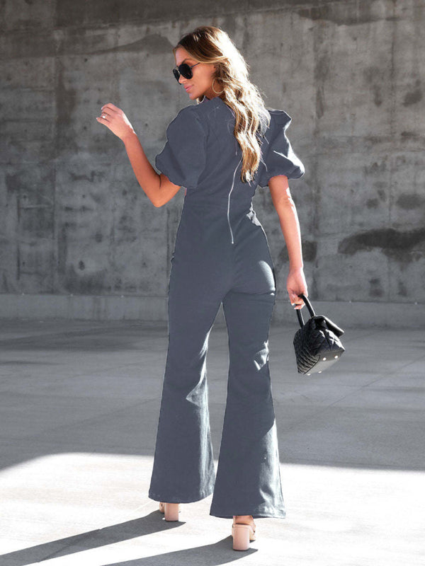Blue Zone Planet | Denim Slim Puff Sleeve Crossover Waist Jumpsuit BLUE ZONE PLANET