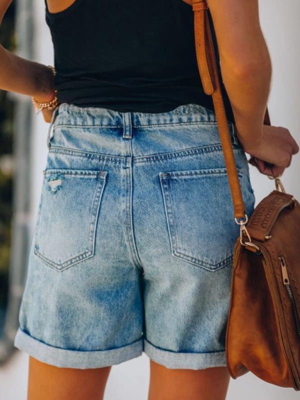Blue Zone Planet | ripped hole rolled edge five point denim shorts BLUE ZONE PLANET