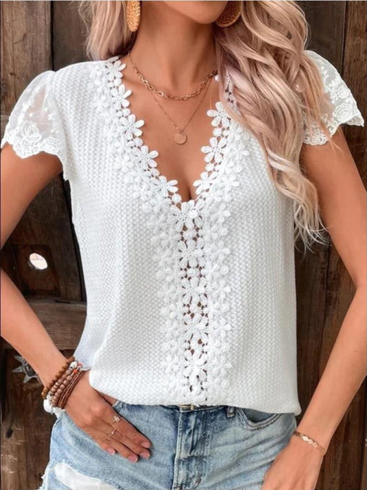 Lace waffle solid color V-neck short-sleeved casual T-shirt kakaclo