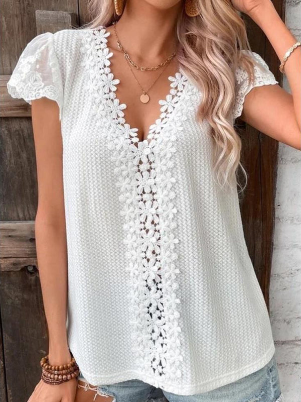 Lace waffle solid color V-neck short-sleeved casual T-shirt kakaclo