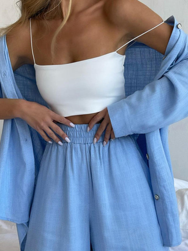 Blue Zone Planet | New Arrival Solid Color Single Breasted Long Sleeve Lapel Shirt Shorts Loose Suit kakaclo