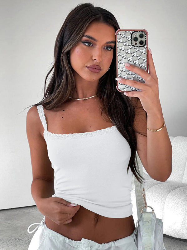 Sexy Versatile Slim Short Lace Stitching Pure Color Tank kakaclo