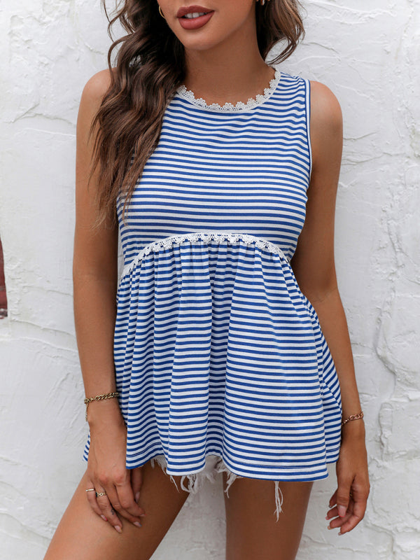 Blue Zone Planet | Ladies Lace Panel Crew Neck Striped Knit Tank Top BLUE ZONE PLANET