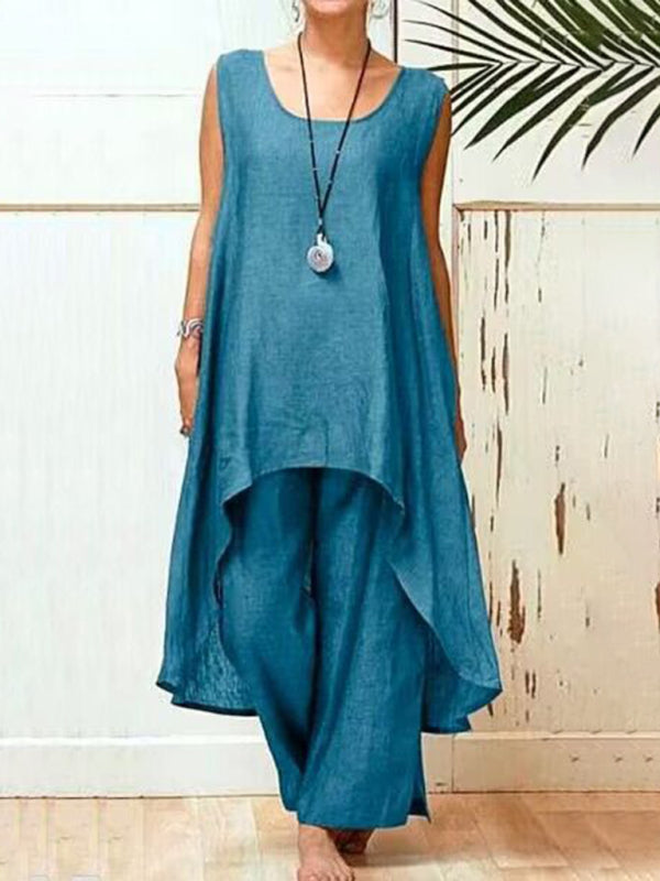 Blue Zone Planet | Cotton linen irregular sleeveless wide-leg pants two-piece set kakaclo