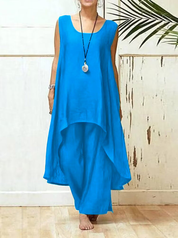 Blue Zone Planet | Cotton linen irregular sleeveless wide-leg pants two-piece set kakaclo