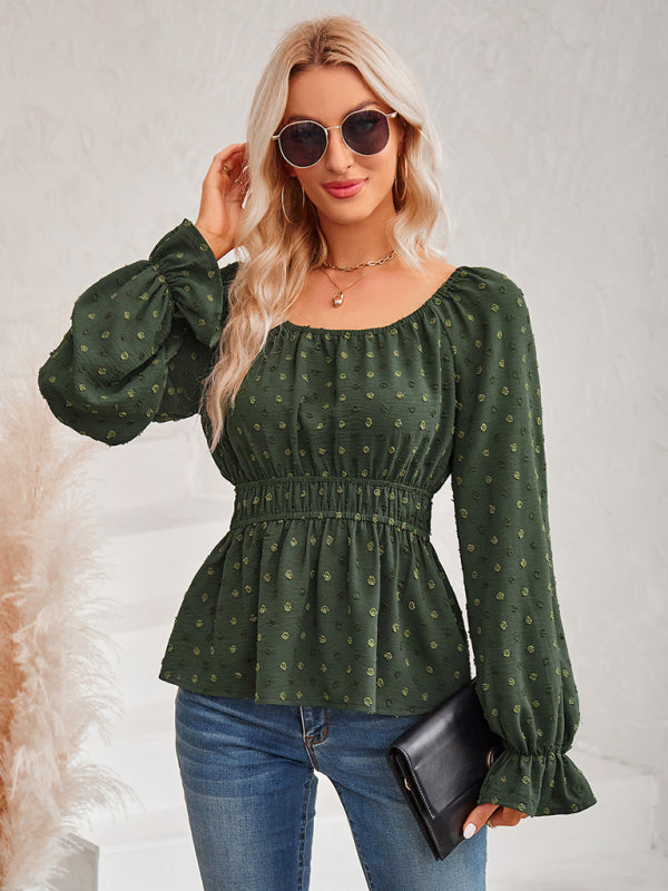 round neck waist solid color lotus leaf sleeve top BLUE ZONE PLANET