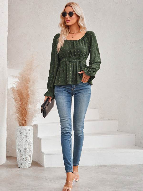 round neck waist solid color lotus leaf sleeve top BLUE ZONE PLANET