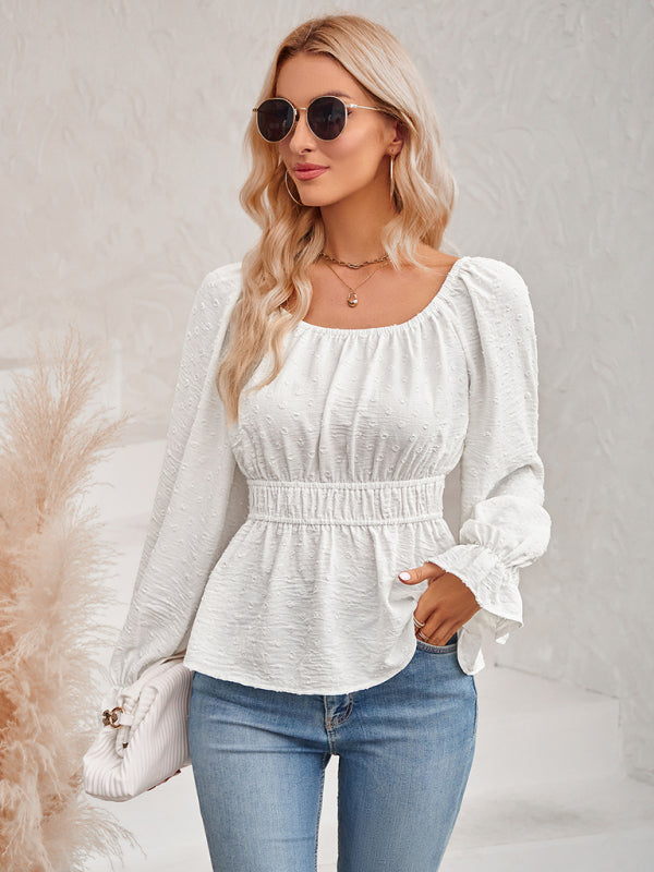 round neck waist solid color lotus leaf sleeve top BLUE ZONE PLANET