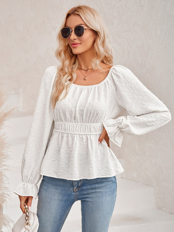 round neck waist solid color lotus leaf sleeve top BLUE ZONE PLANET