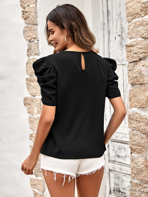 Blue Zone Planet | solid color puff sleeve V-neck slim top BLUE ZONE PLANET