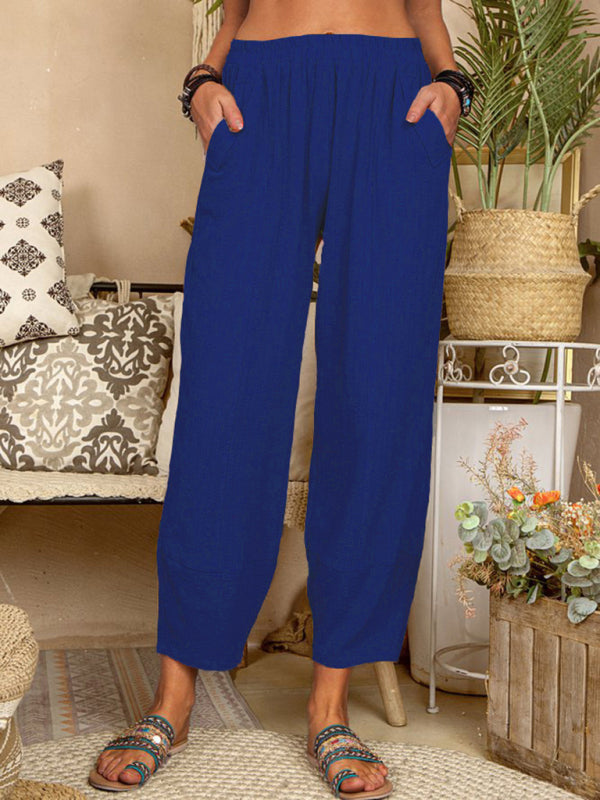 Blue Zone Planet | Solid Color Loose Cotton Linen Pants Home Harem Pants BLUE ZONE PLANET