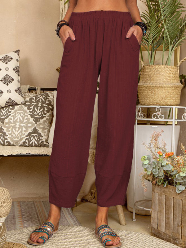 Blue Zone Planet | Solid Color Loose Cotton Linen Pants Home Harem Pants BLUE ZONE PLANET