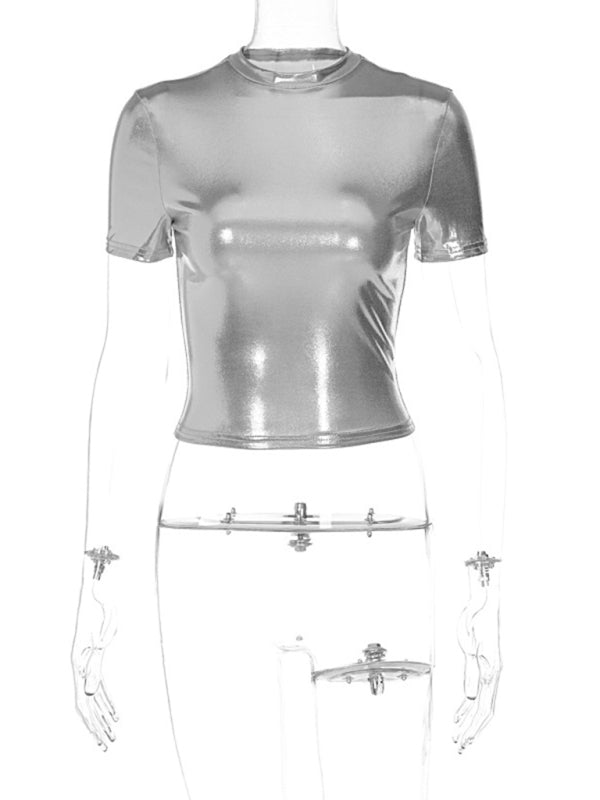 Metallic Round Neck Short Sleeve T-Shirt Top kakaclo