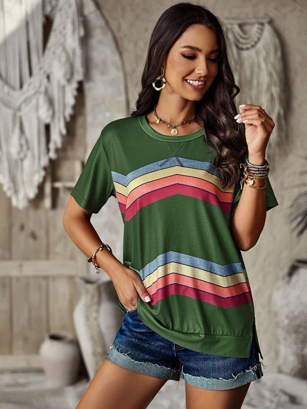 round neck T-shirt rainbow strip top BLUE ZONE PLANET