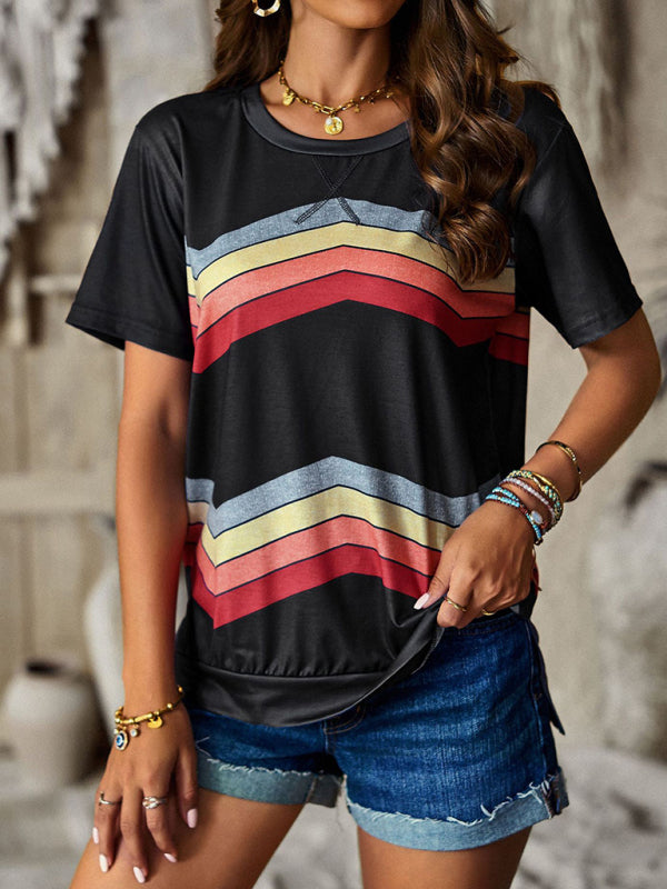 round neck T-shirt rainbow strip top BLUE ZONE PLANET