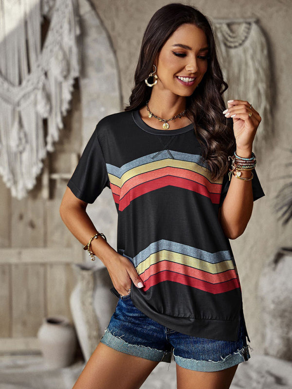 round neck T-shirt rainbow strip top BLUE ZONE PLANET