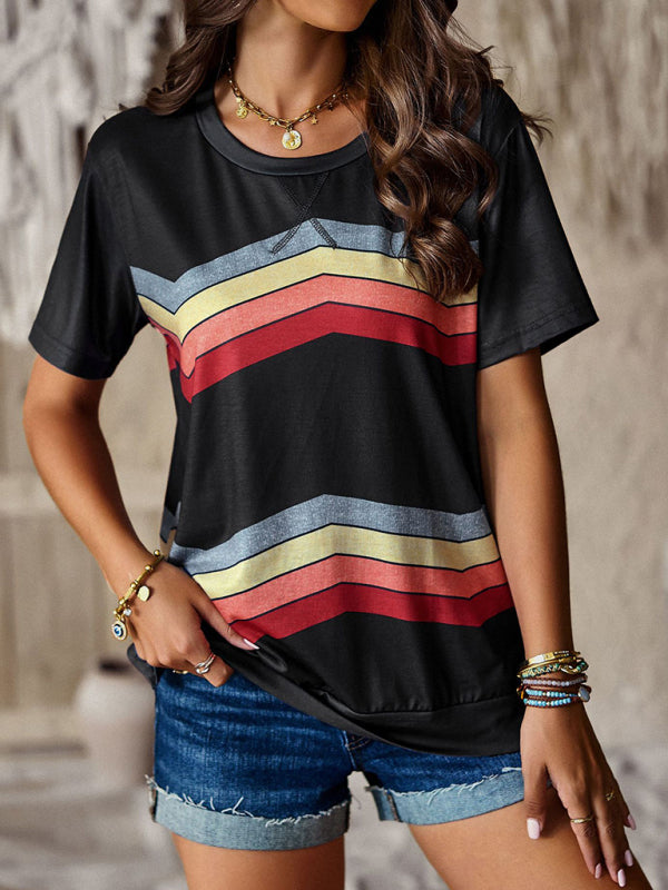 round neck T-shirt rainbow strip top BLUE ZONE PLANET