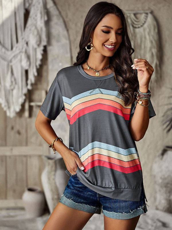 round neck T-shirt rainbow strip top BLUE ZONE PLANET