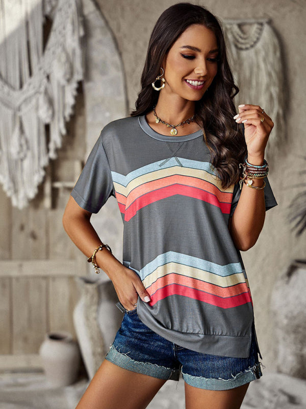 round neck T-shirt rainbow strip top BLUE ZONE PLANET