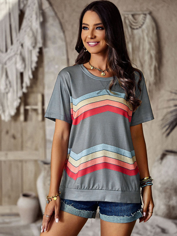 round neck T-shirt rainbow strip top BLUE ZONE PLANET