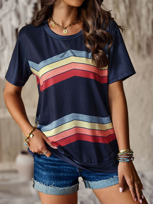 round neck T-shirt rainbow strip top BLUE ZONE PLANET