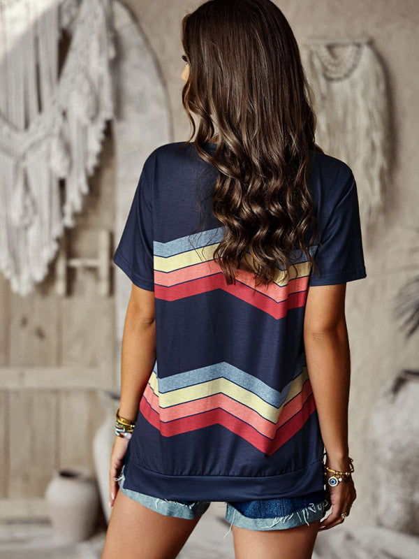 round neck T-shirt rainbow strip top BLUE ZONE PLANET