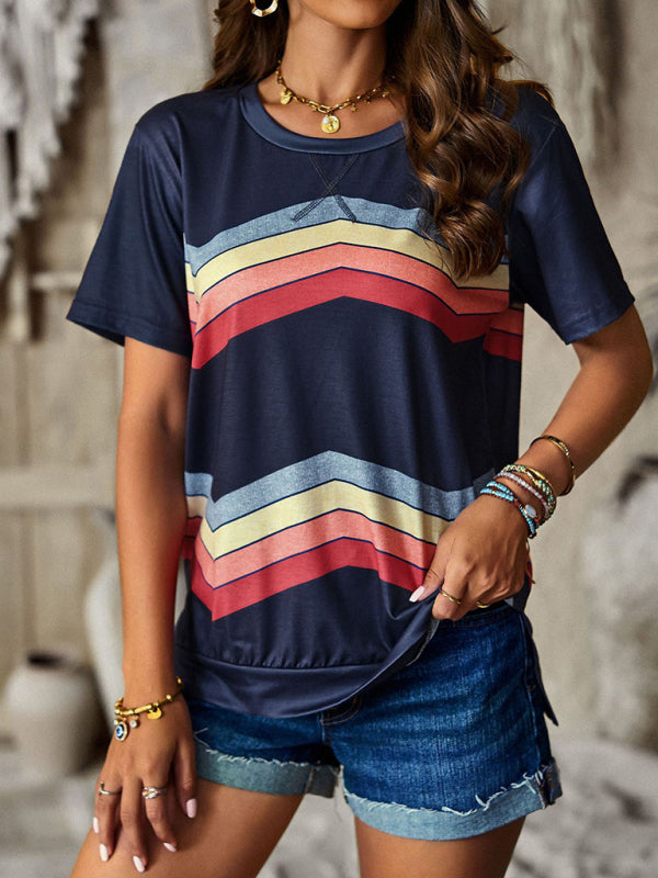 round neck T-shirt rainbow strip top BLUE ZONE PLANET