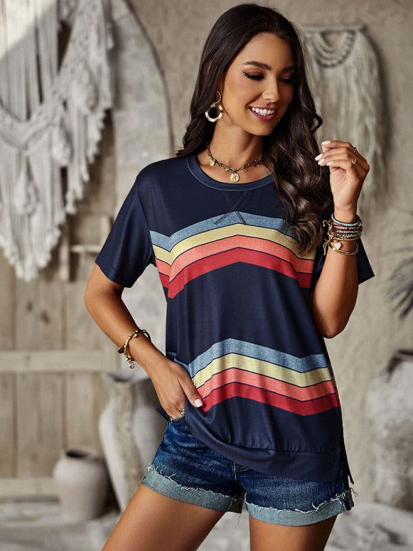 round neck T-shirt rainbow strip top BLUE ZONE PLANET