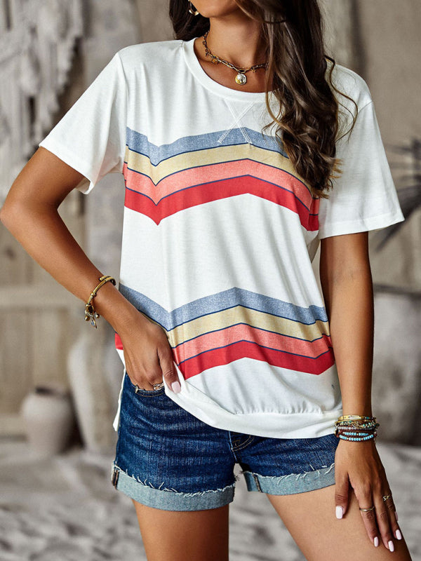 round neck T-shirt rainbow strip top BLUE ZONE PLANET