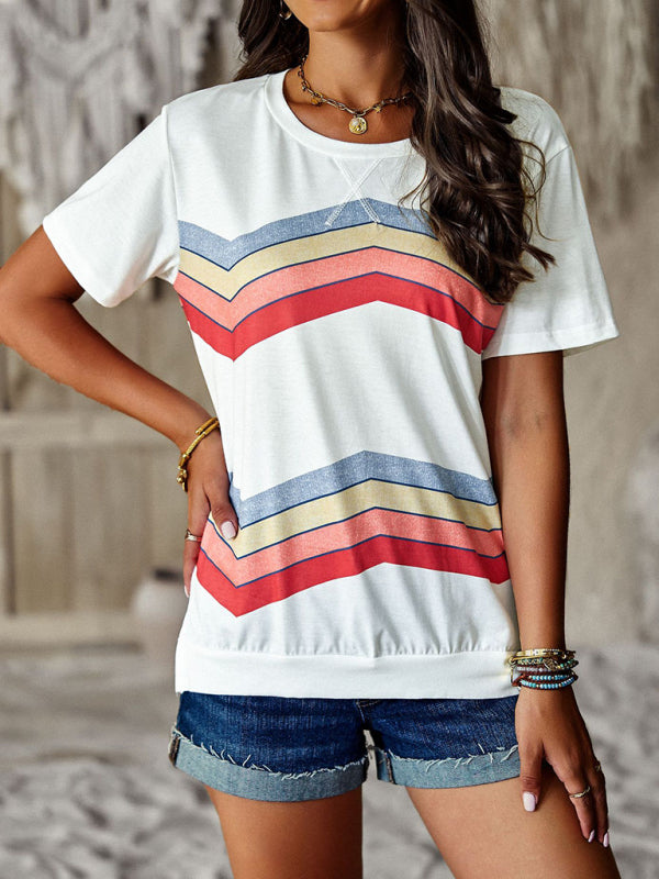 round neck T-shirt rainbow strip top BLUE ZONE PLANET