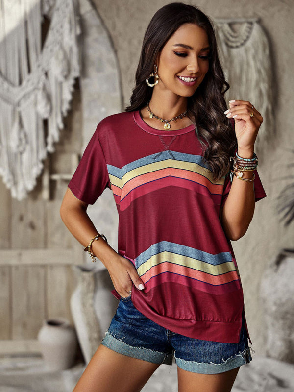 round neck T-shirt rainbow strip top BLUE ZONE PLANET
