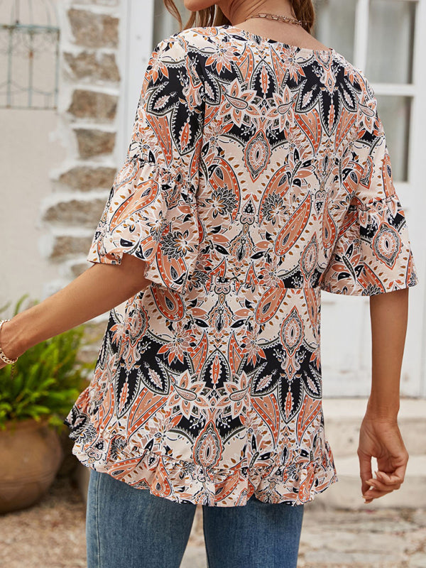 Vivian's Bohemian V-Neck Printed T-Shirt Bell Sleeve Top BLUE ZONE PLANET
