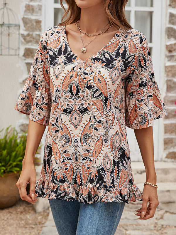 Vivian's Bohemian V-Neck Printed T-Shirt Bell Sleeve Top BLUE ZONE PLANET