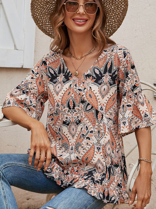 Vivian's Bohemian V-Neck Printed T-Shirt Bell Sleeve Top BLUE ZONE PLANET