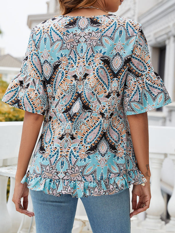 Vivian's Bohemian V-Neck Printed T-Shirt Bell Sleeve Top BLUE ZONE PLANET