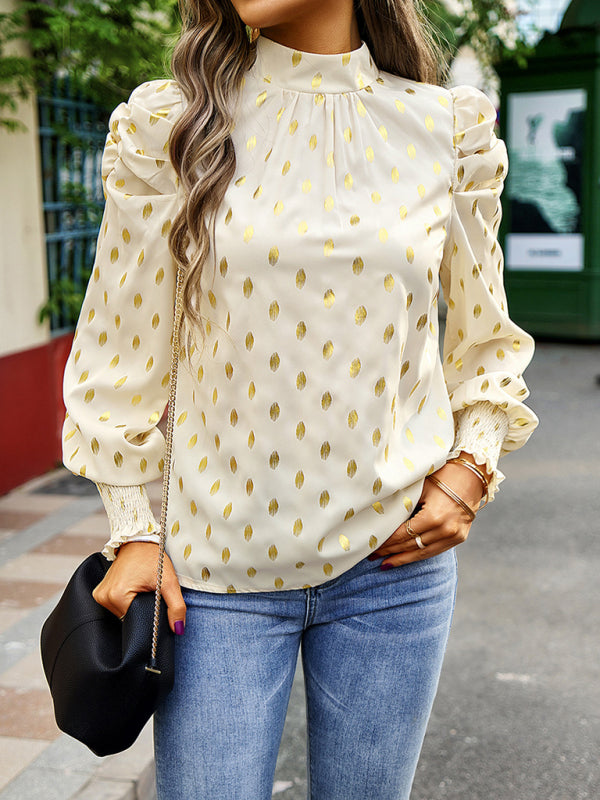 Blue Zone Planet | Gold Dot Print Temperament commuting round neck long-sleeved blouse BLUE ZONE PLANET