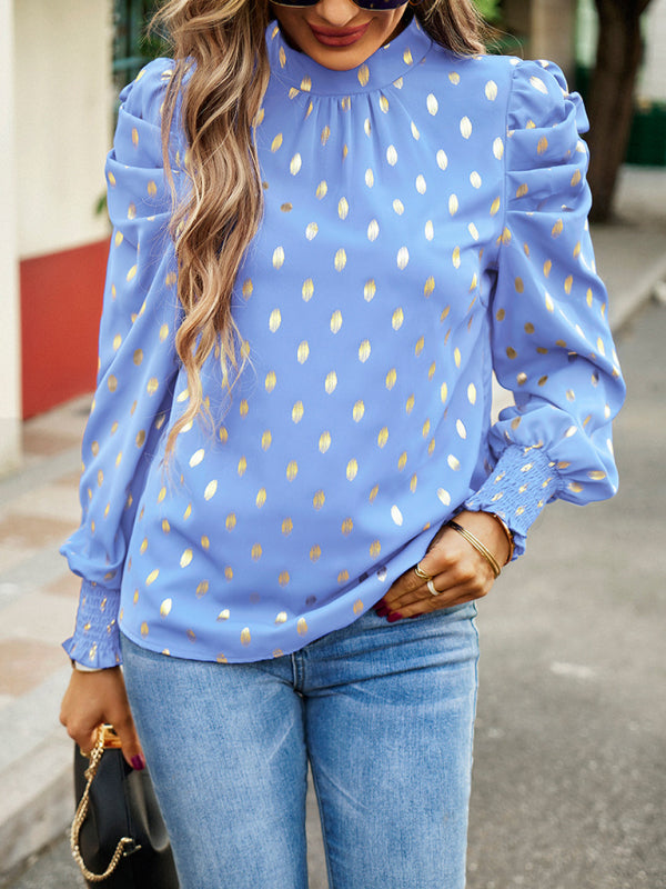 Blue Zone Planet | Gold Dot Print Temperament commuting round neck long-sleeved blouse BLUE ZONE PLANET