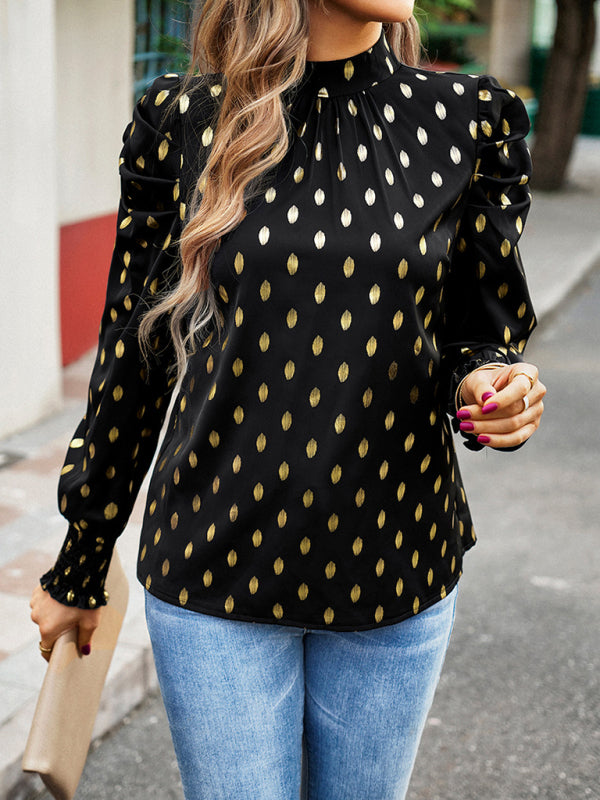 Blue Zone Planet | Gold Dot Print Temperament commuting round neck long-sleeved blouse BLUE ZONE PLANET