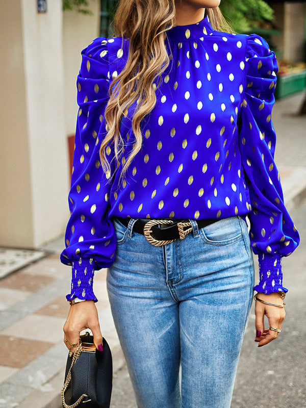 Blue Zone Planet | Gold Dot Print Temperament commuting round neck long-sleeved blouse BLUE ZONE PLANET