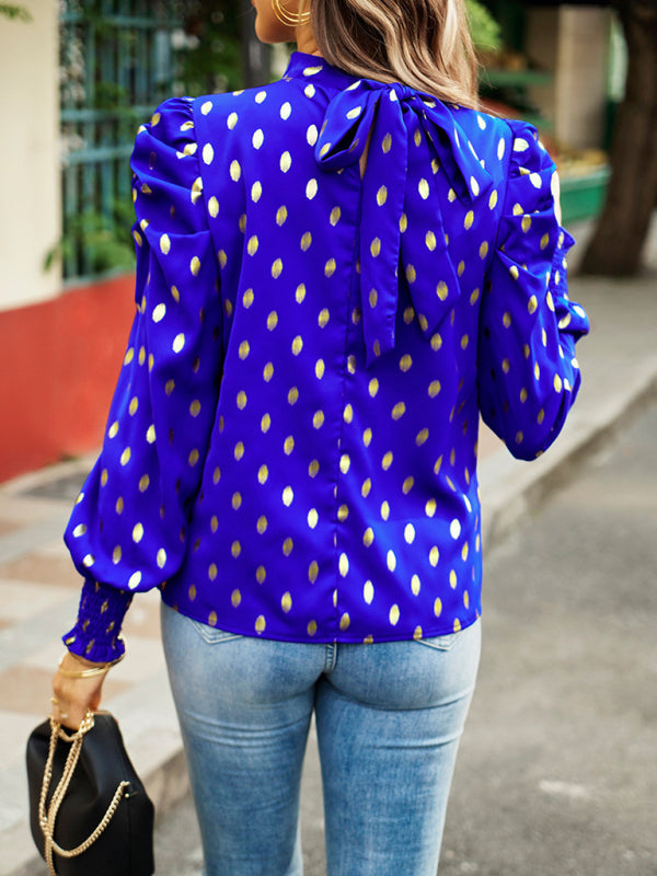 Blue Zone Planet | Gold Dot Print Temperament commuting round neck long-sleeved blouse BLUE ZONE PLANET