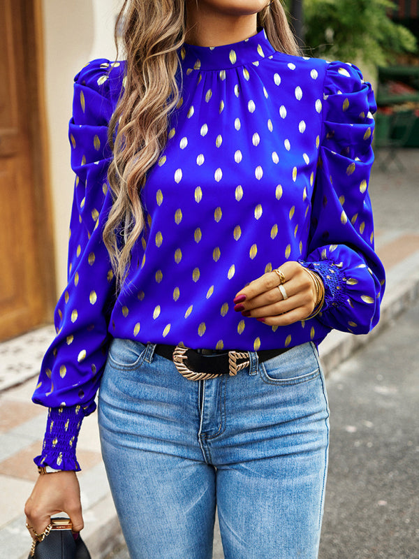 Blue Zone Planet | Gold Dot Print Temperament commuting round neck long-sleeved blouse BLUE ZONE PLANET