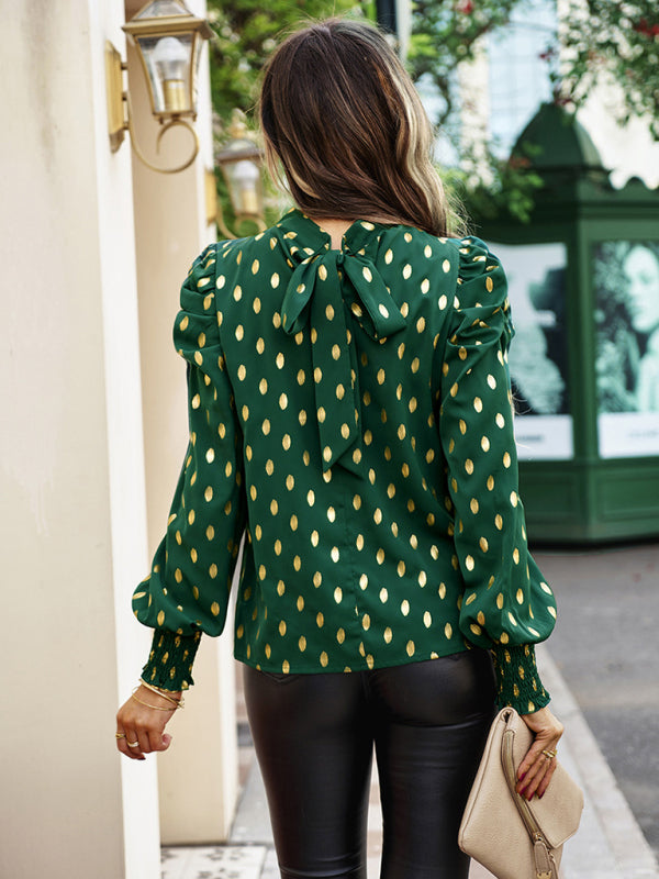 Blue Zone Planet | Gold Dot Print Temperament commuting round neck long-sleeved blouse BLUE ZONE PLANET
