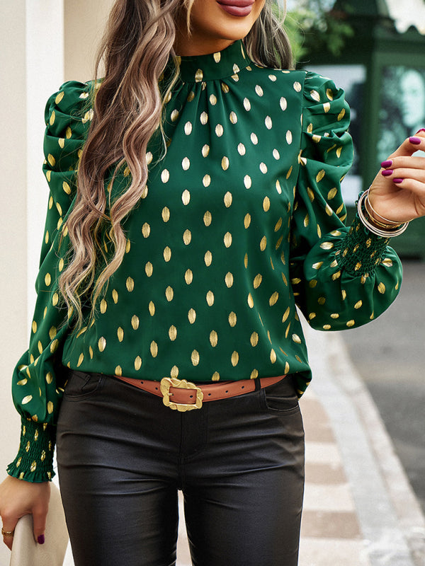Blue Zone Planet | Gold Dot Print Temperament commuting round neck long-sleeved blouse BLUE ZONE PLANET