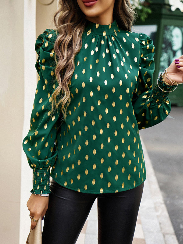Blue Zone Planet | Gold Dot Print Temperament commuting round neck long-sleeved blouse BLUE ZONE PLANET