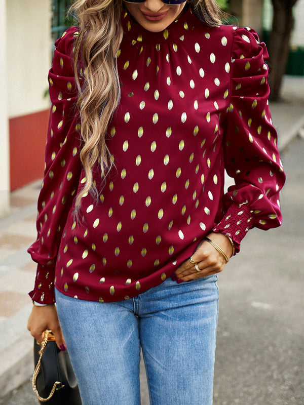 Blue Zone Planet | Gold Dot Print Temperament commuting round neck long-sleeved blouse BLUE ZONE PLANET