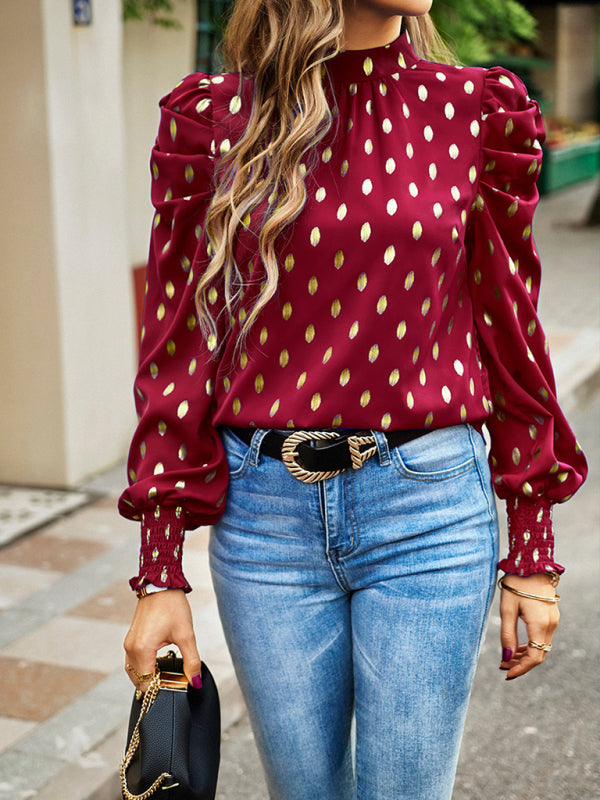 Blue Zone Planet | Gold Dot Print Temperament commuting round neck long-sleeved blouse BLUE ZONE PLANET